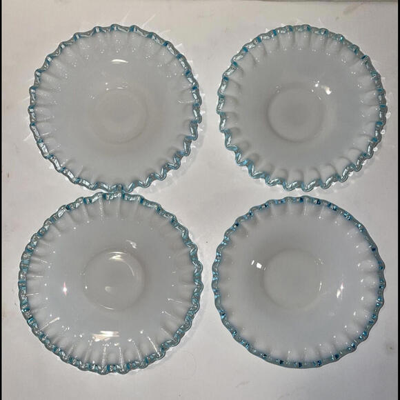 Set of 4 - Vintage Fenton Aqua Crest Milk Glass Saucers ~ 6  “ Pale Blue Ruffle - Picture 1 of 7